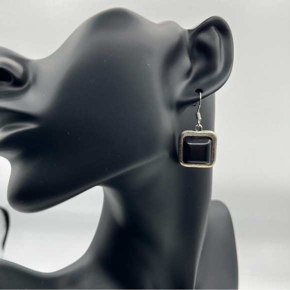 Women’s Vintage Square Semiprecious Stone Earrings Silvertone - Picture 5 of 13